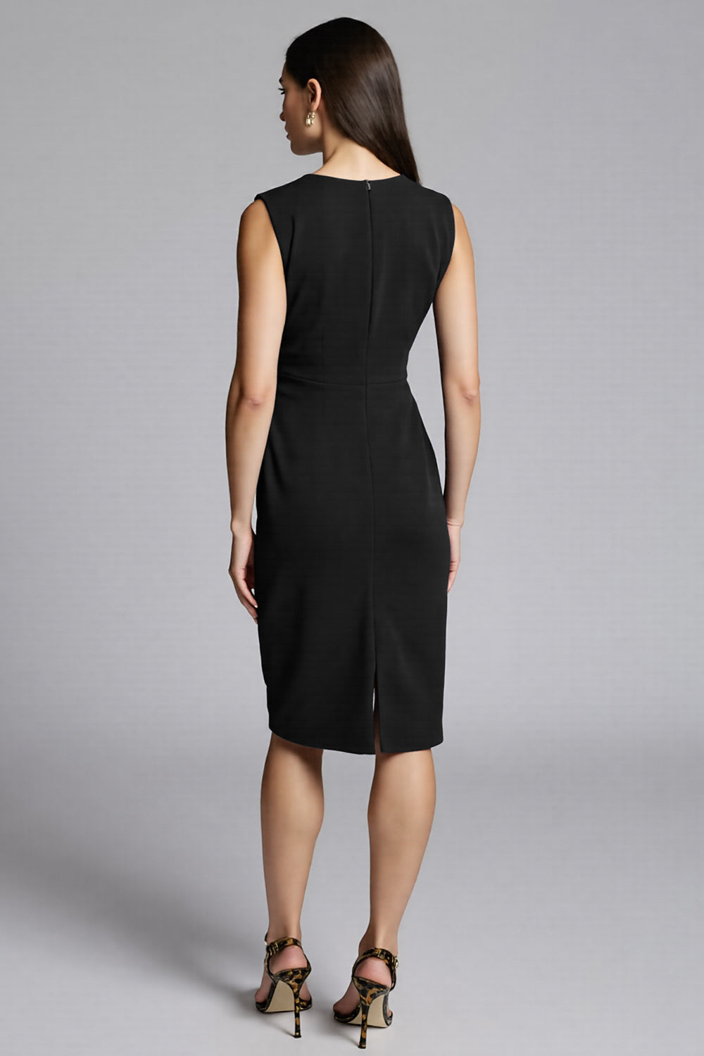 Navy Sheath V-Neck Midi Dress