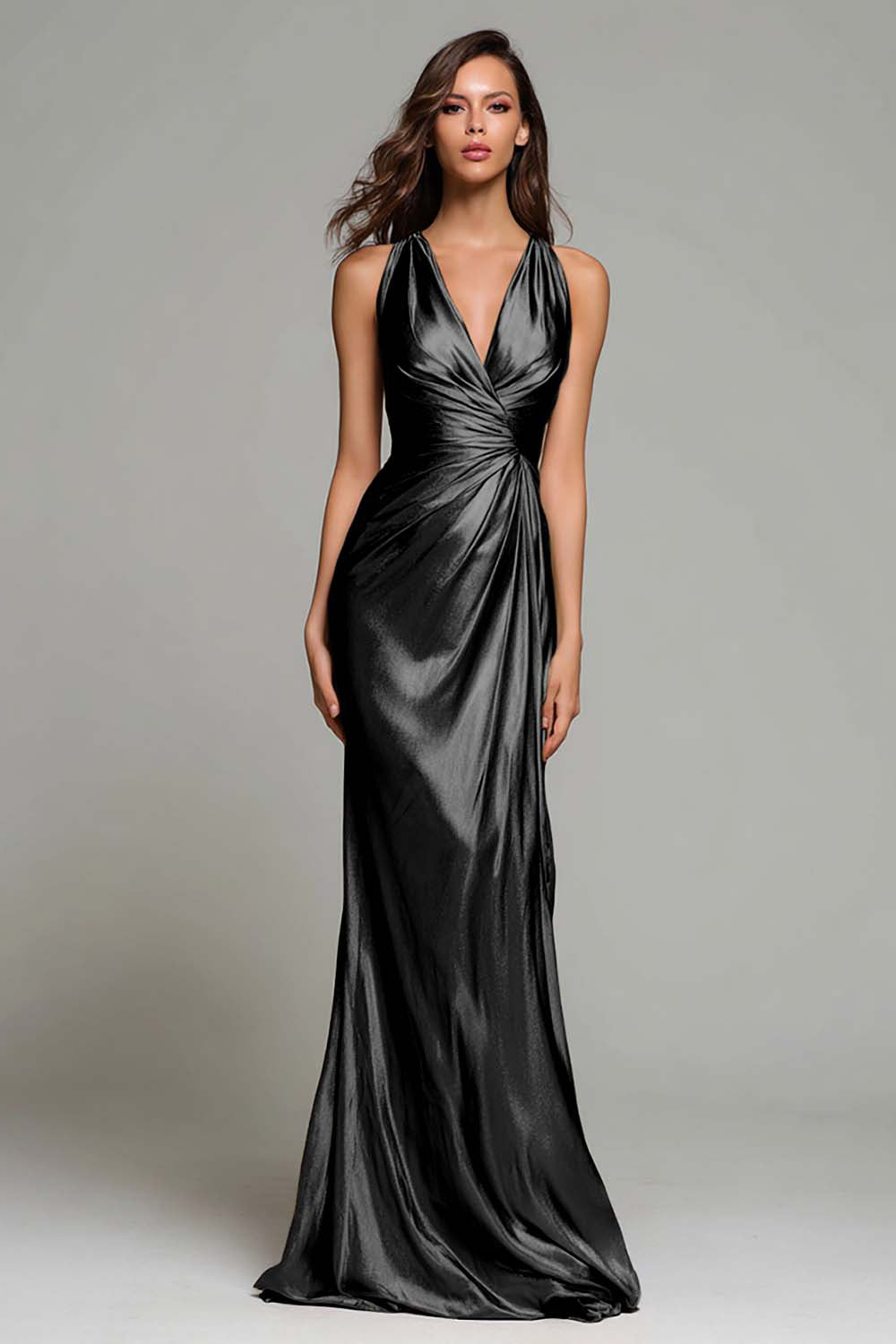 Gold V-Neck Sheath Long Formal Dress