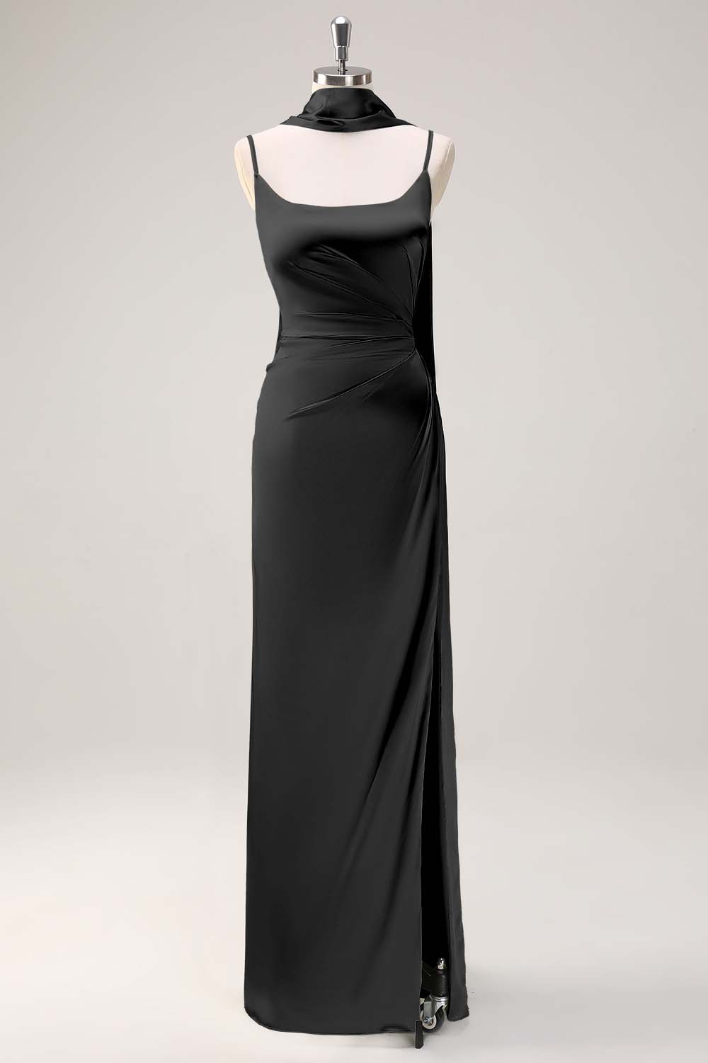 Sage Sheath Spaghetti Straps Slit Bridesmaid Dress with Ribbon