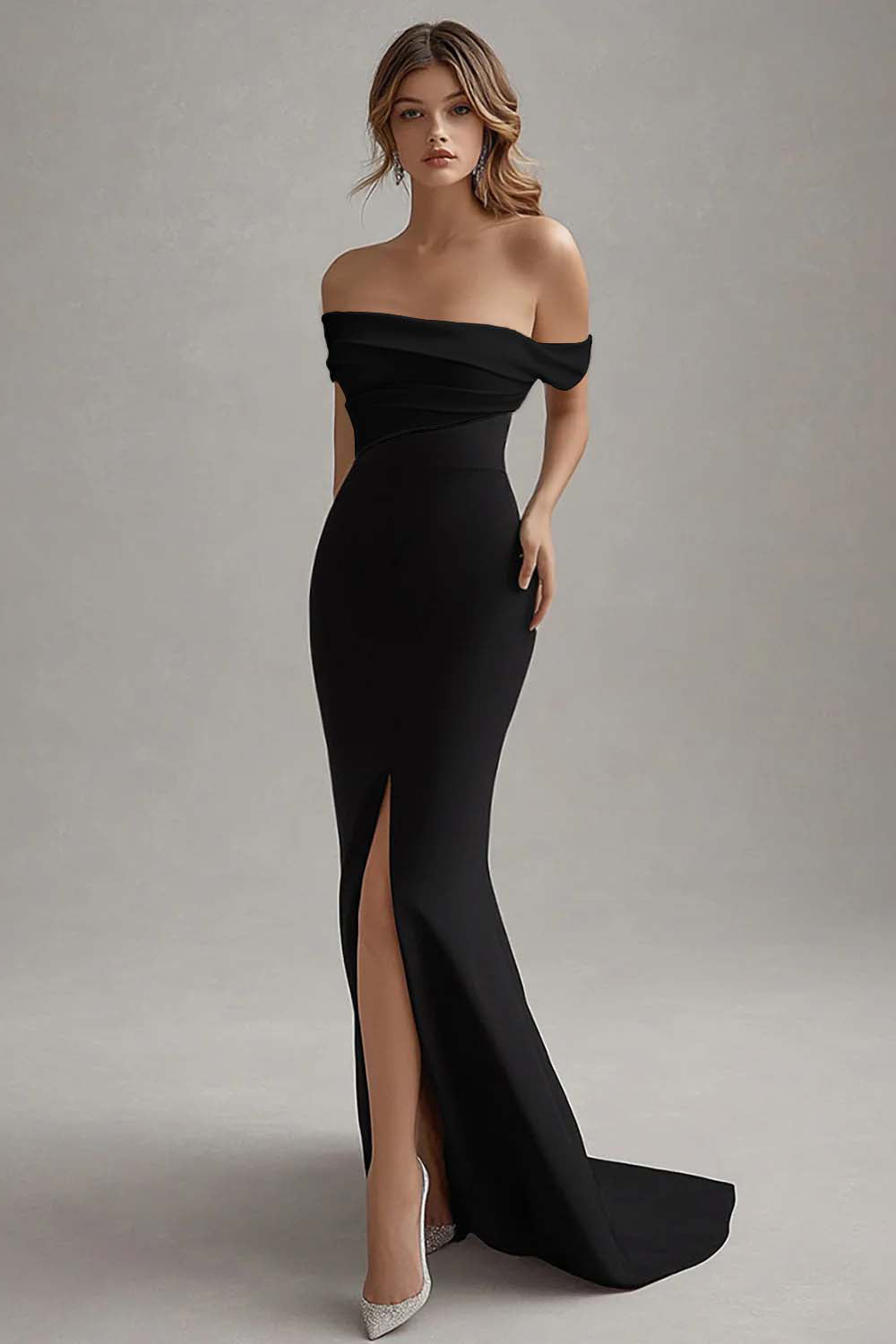Elegant Off the Shoulder Black White Formal Dress with Slit