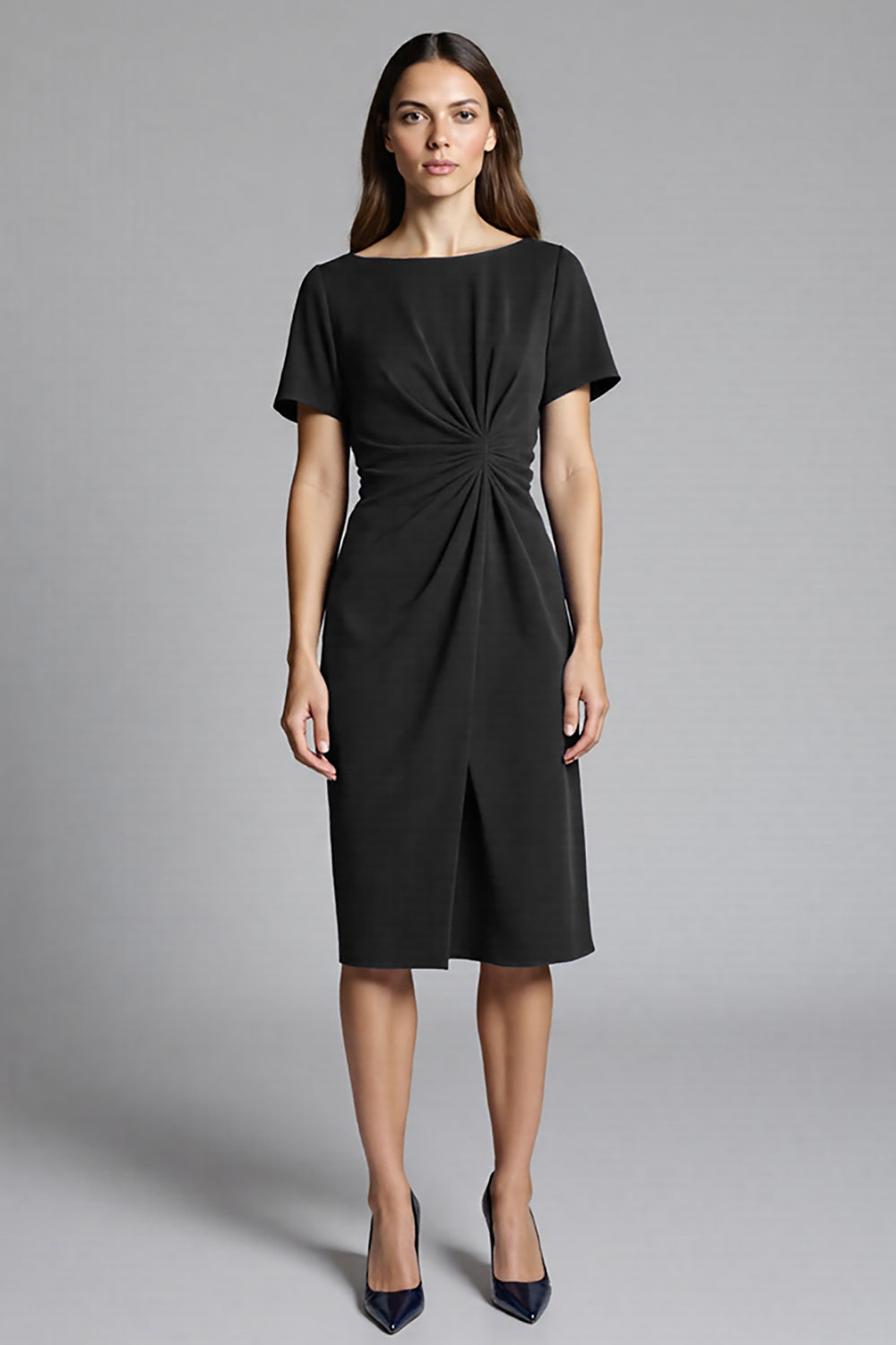 Navy Sheath Short Sleeve Midi Dress