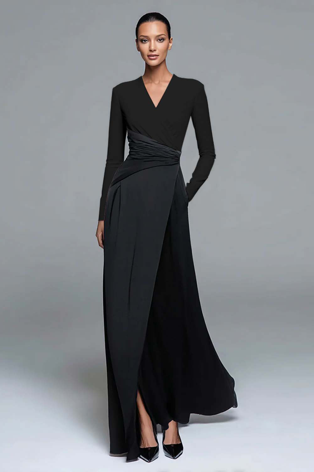 Black and White V-Neck Formal Dress with Long Sleeves