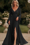 Dark Grey Wrap Long Sleeve Ruffled Chiffon Long Mother of the Bride Dress
