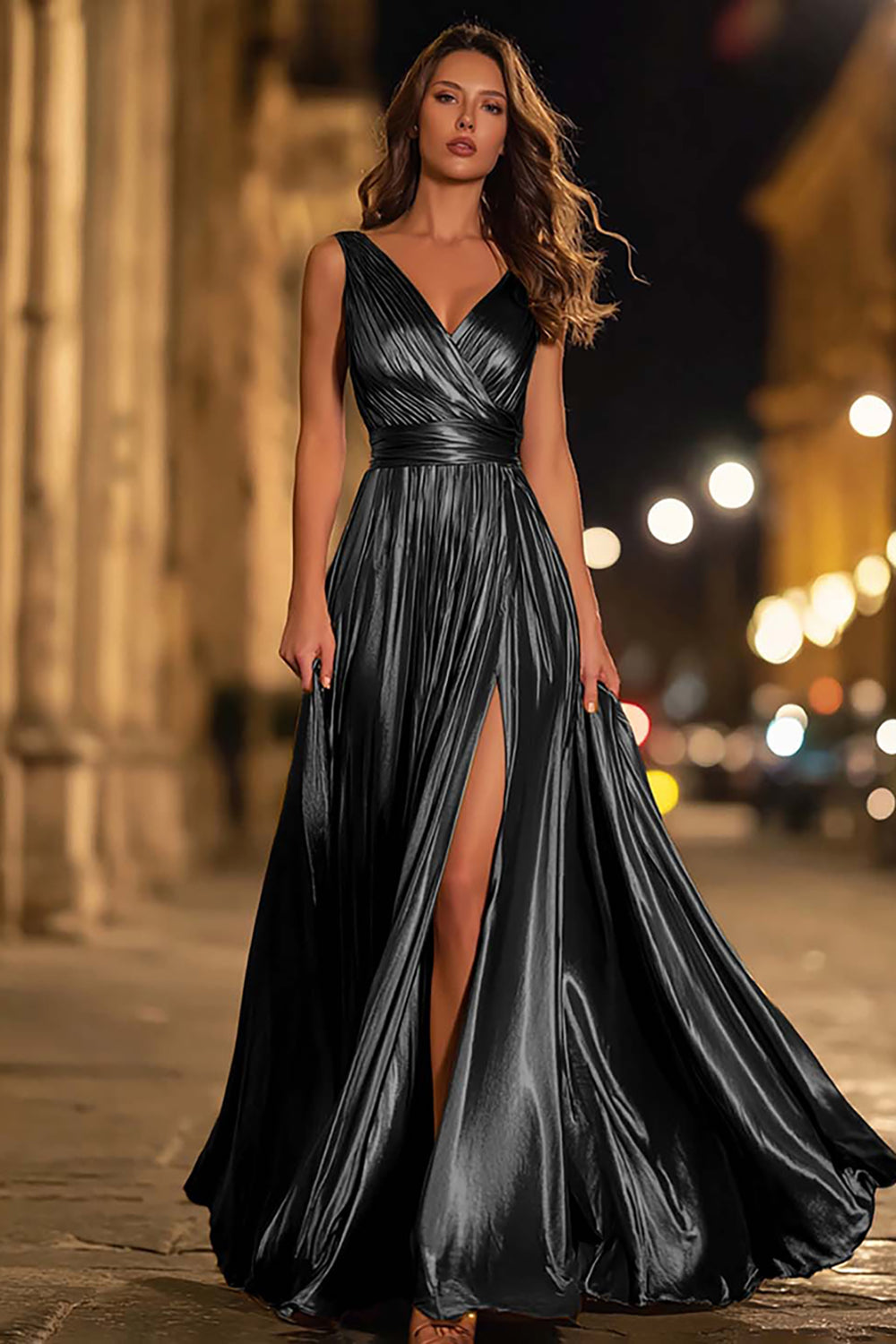 Gold A-Line V-Neck Pleated Formal Dress With Slit