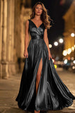 Gold A-Line V-Neck Pleated Formal Dress With Slit