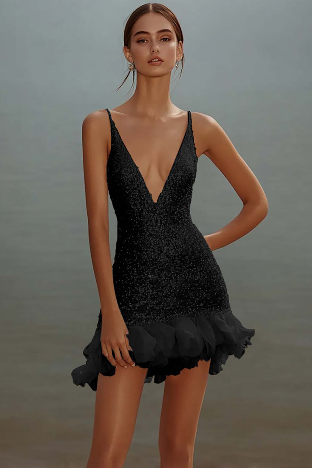 Sparkly White V-Neck Mini Dress With Ruffles