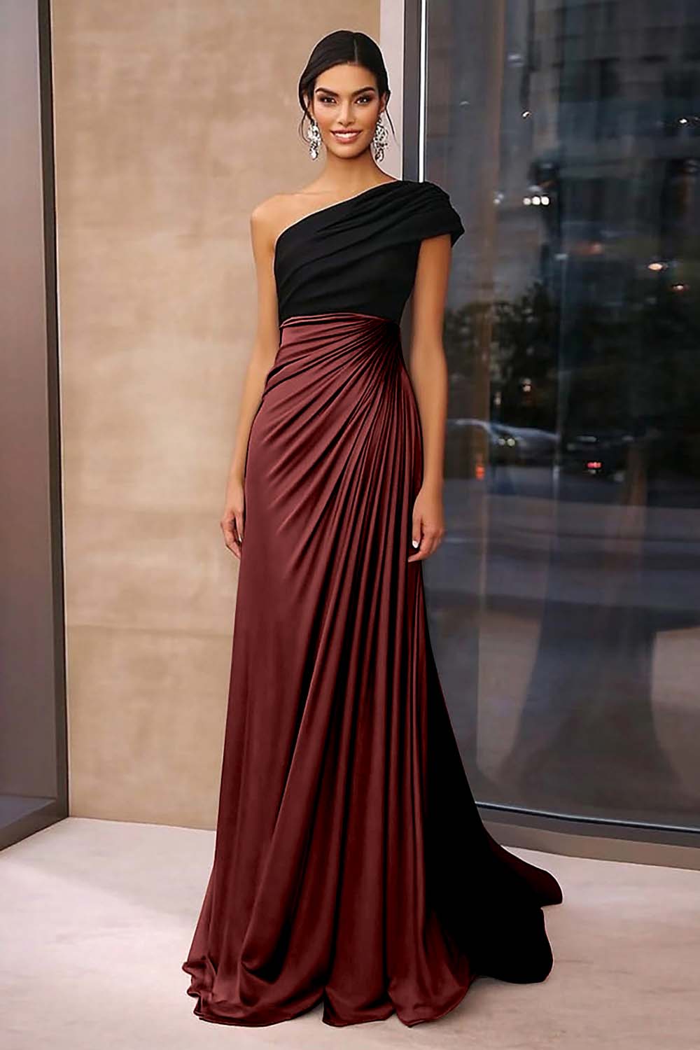 Black Brown Ruched Sheath One Shoulder Gala Dress