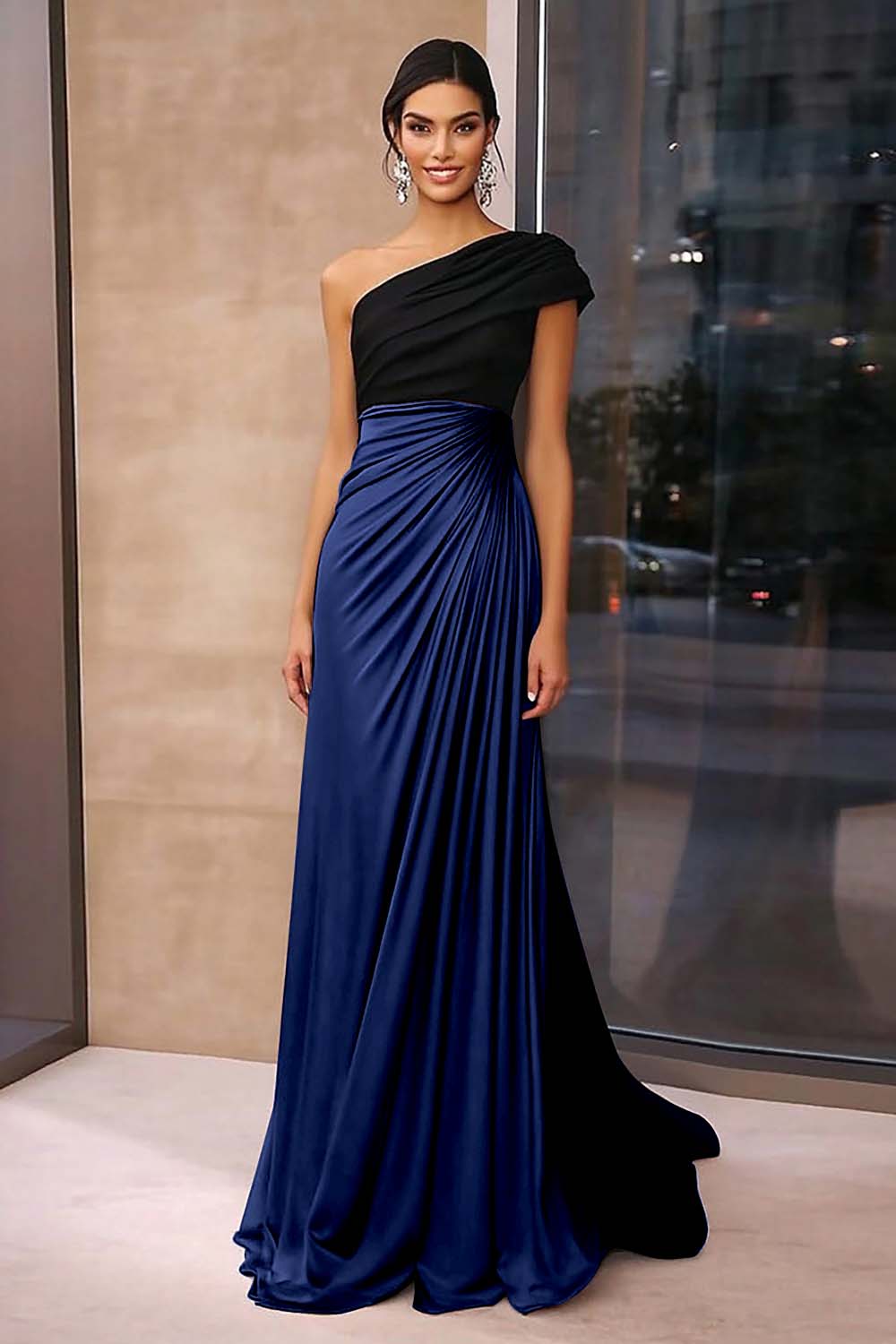 Black Brown Ruched Sheath One Shoulder Gala Dress