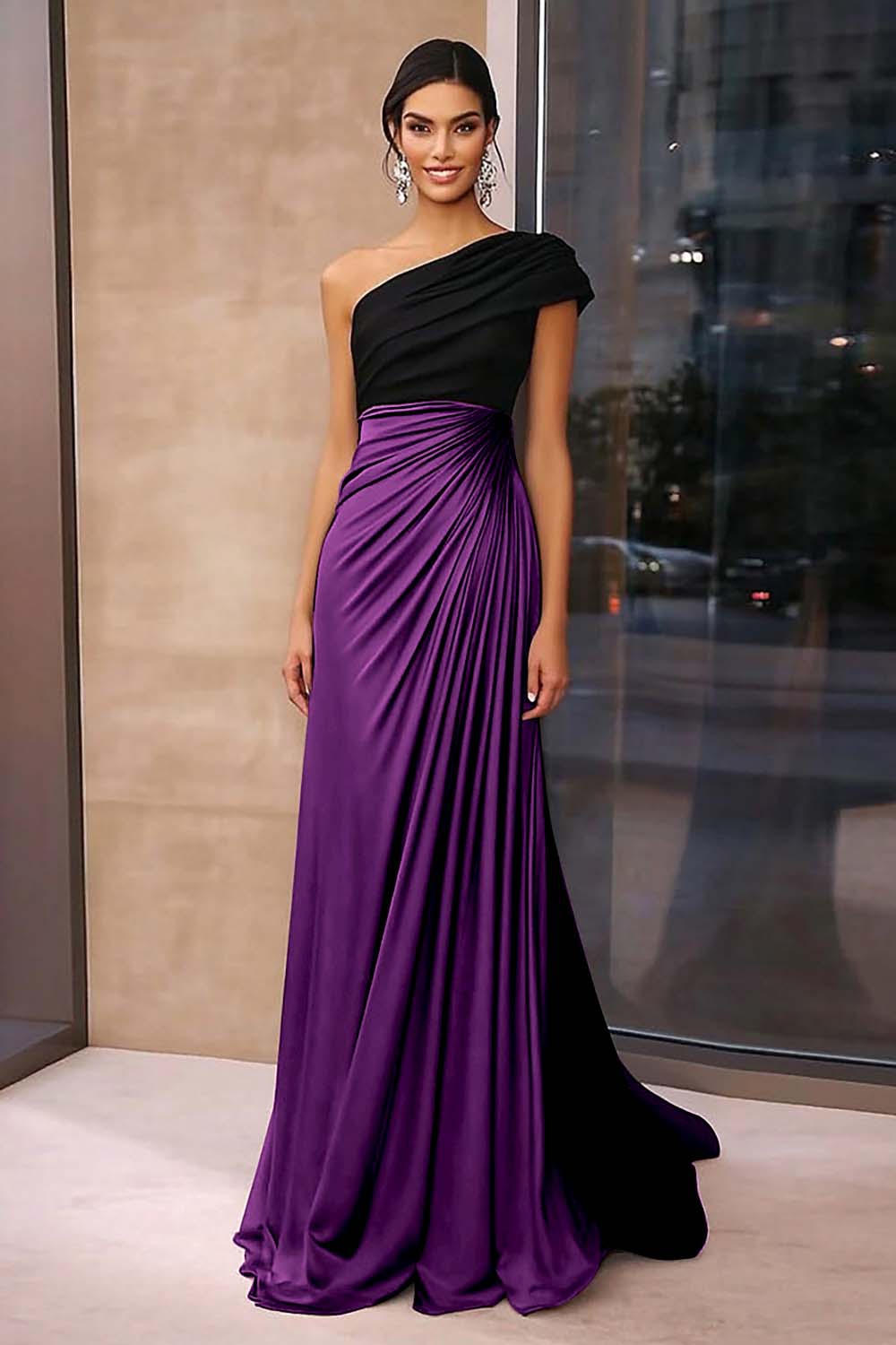 Black Brown Ruched Sheath One Shoulder Gala Dress
