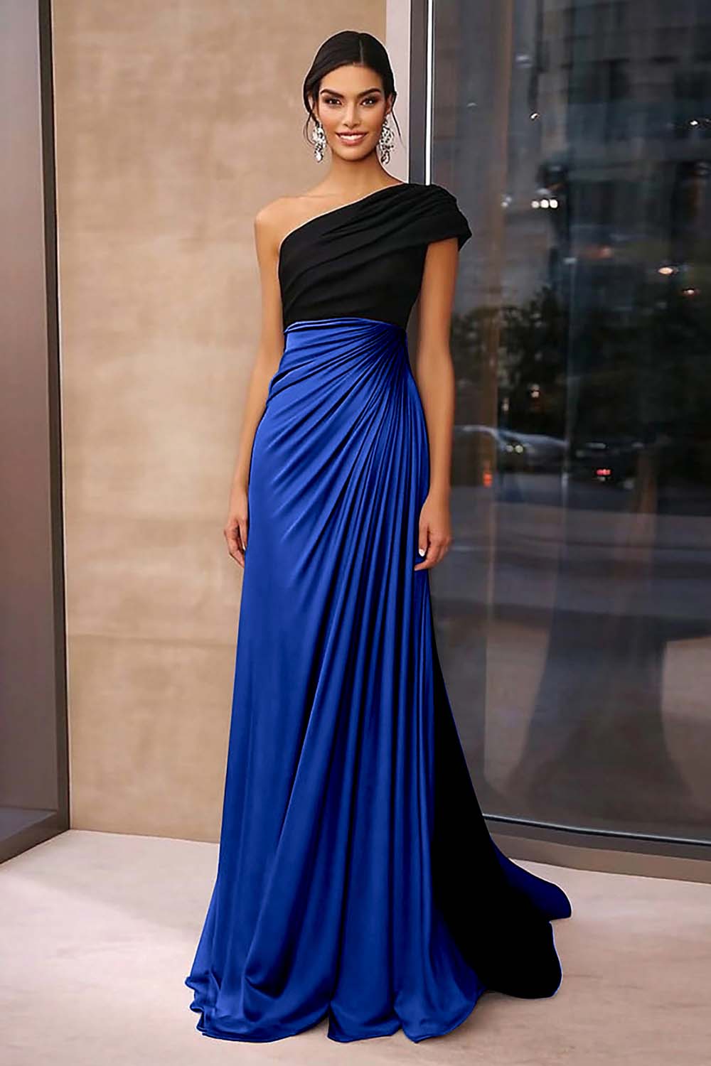 Black Brown Ruched Sheath One Shoulder Gala Dress
