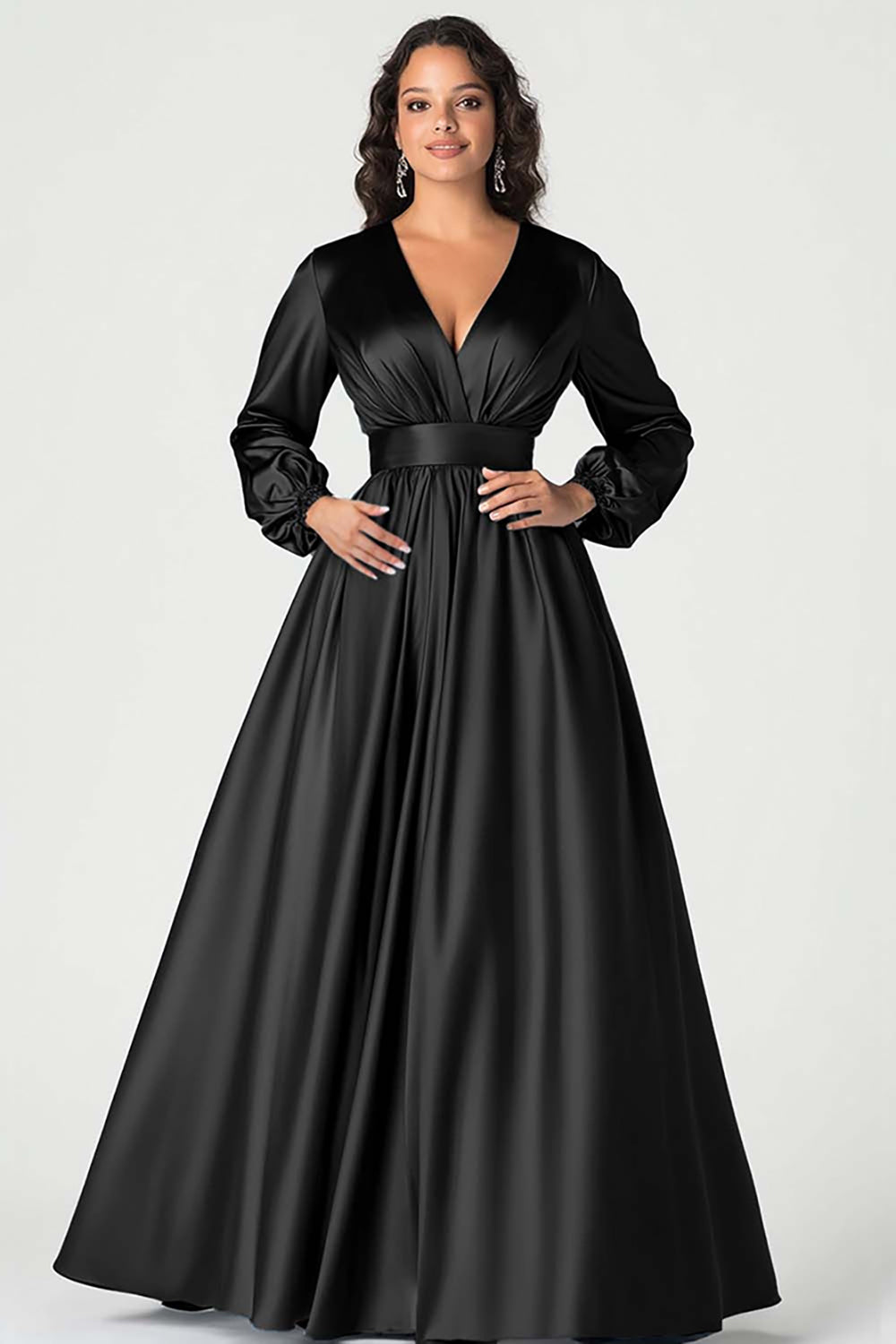 Grey Blue A Line V Neck Mother of the Bride Dress with Long Sleeves