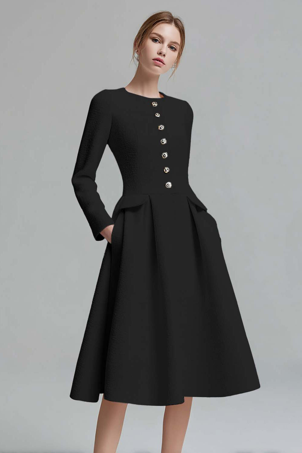 Ivory A-Line Round Neck Tweed Long Sleeve Work Dress