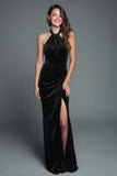 Halter Burgundy Velvet Sheath Holiday Dress With Slit