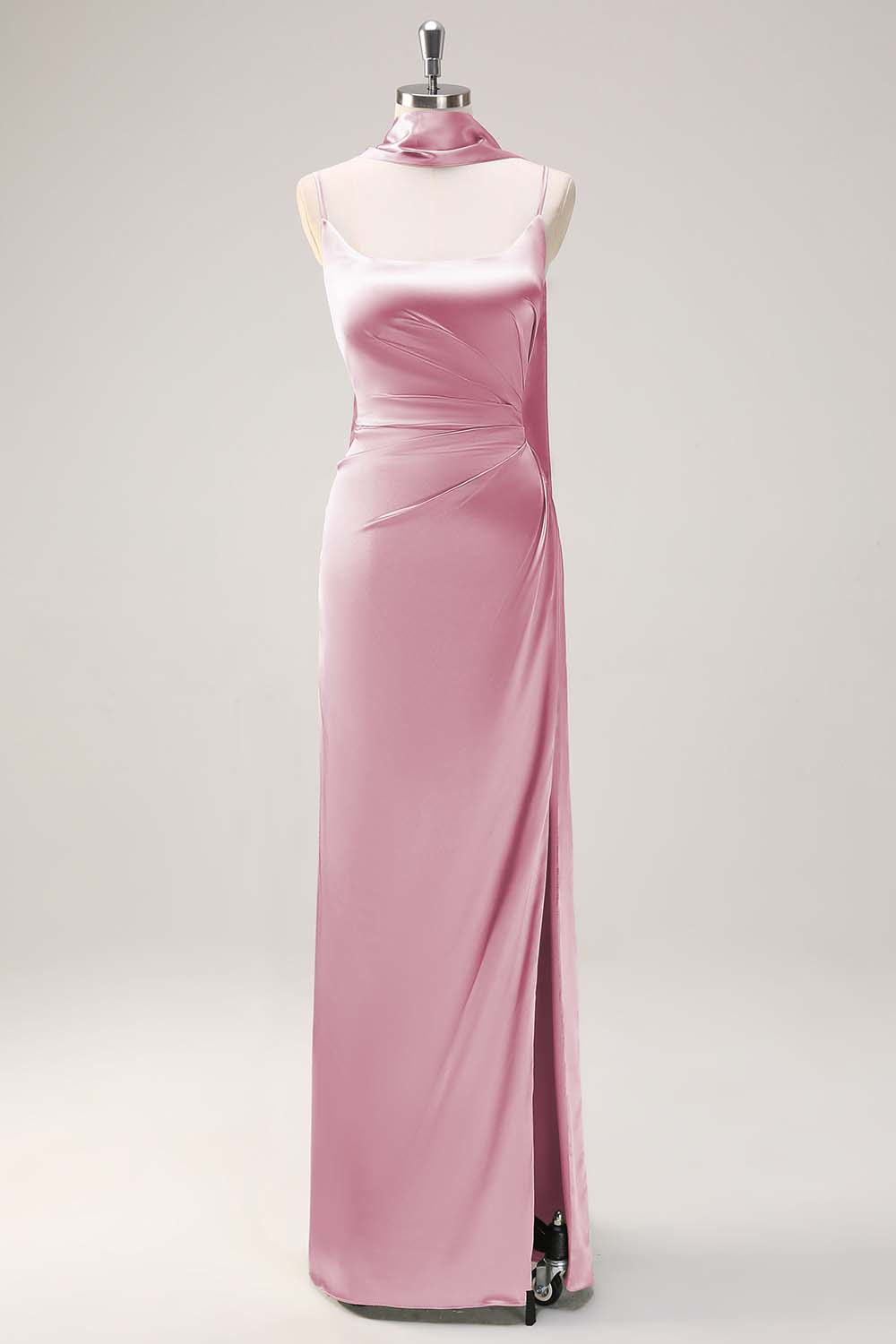 Sage Sheath Spaghetti Straps Slit Bridesmaid Dress with Ribbon