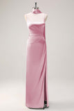 Sage Sheath Spaghetti Straps Slit Bridesmaid Dress with Ribbon