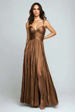 A-Line Silver Pleated Long Formal Dress With Slit