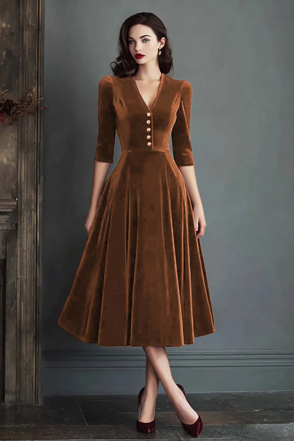 Burgundy Velvet A-Line V-Neck Midi Dress with Half Sleeves