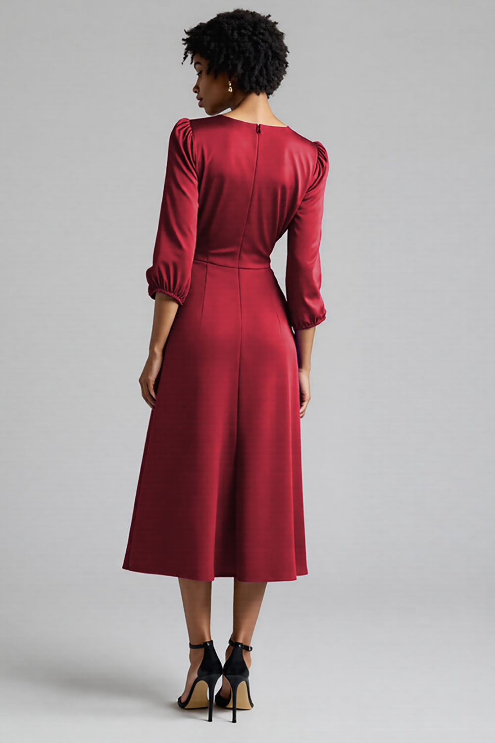 Ruffled Plum Satin A Line Midi Dress