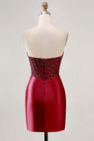 Fuchsia Corset Satin Strapless Homecoming Dress with Beading