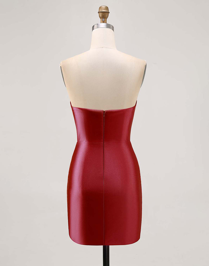 Fuchsia Beaded Satin Bodycon Strapless Homecoming Dress with Slit