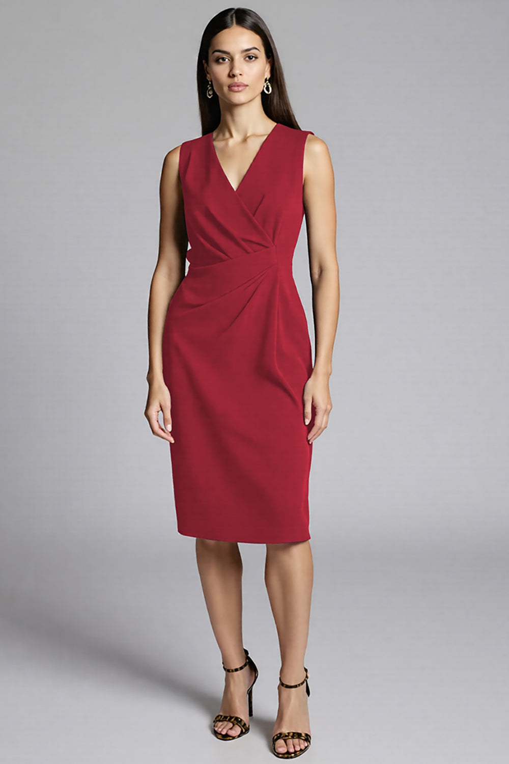 Navy Sheath V-Neck Midi Dress