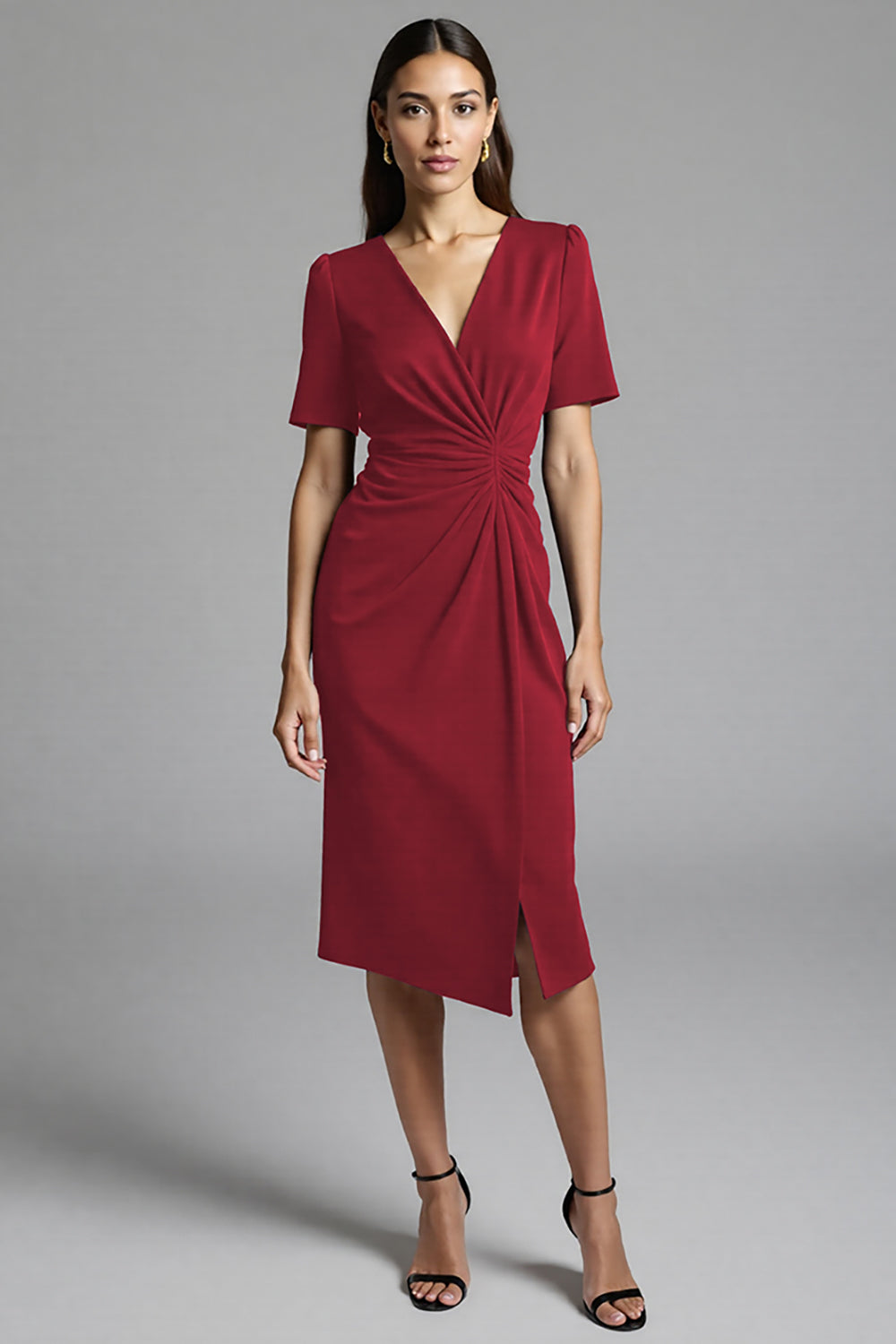 Ruched Navy Short Sleeve V-Neck Midi Dress