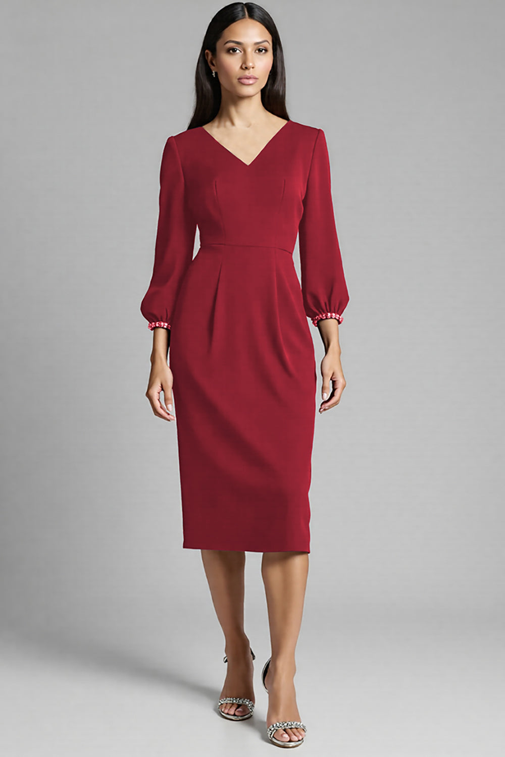 Navy V-Neck Sheath Midi Dress with 3/4 Sleeves