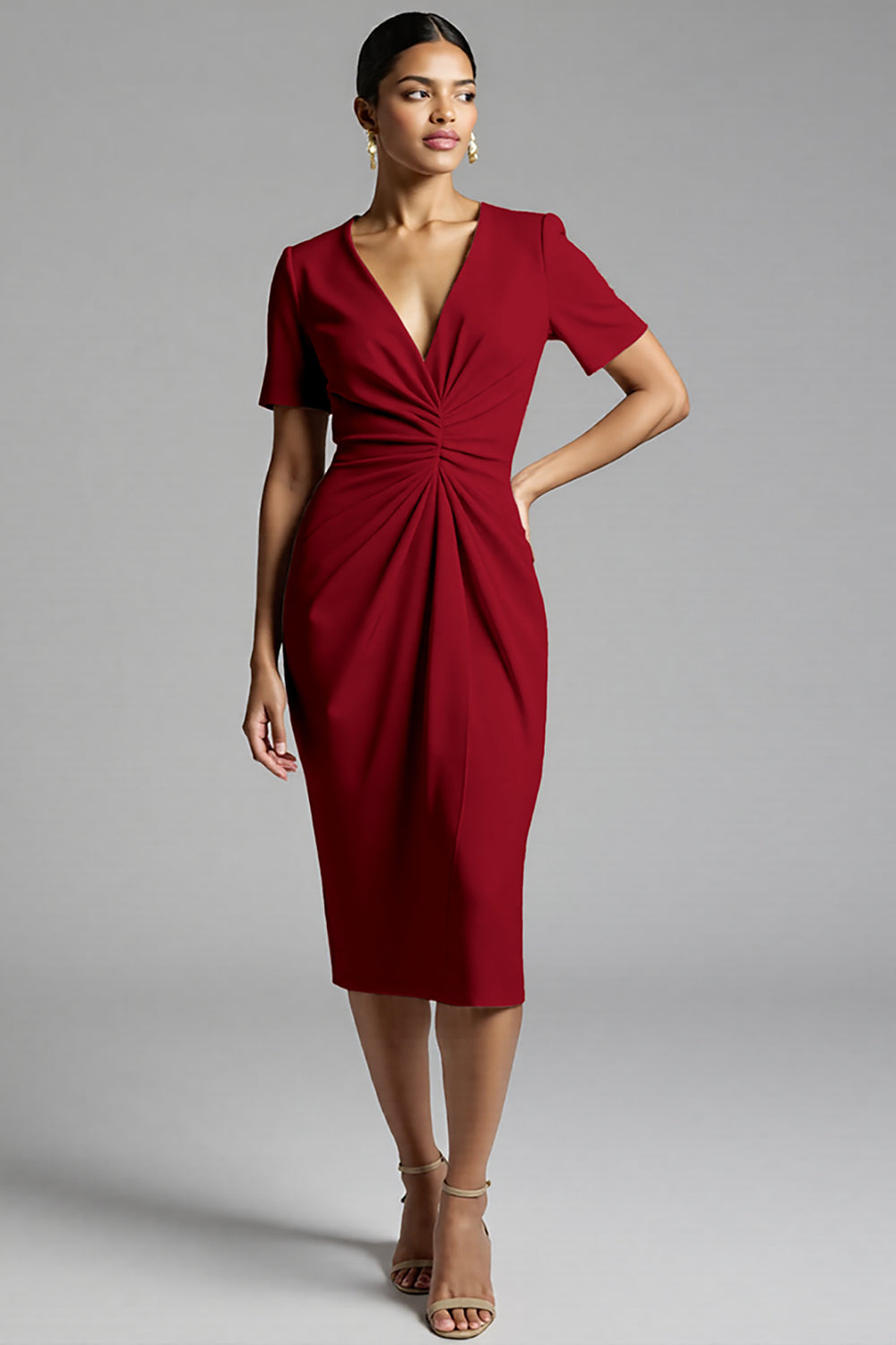 Ruched Champagne Bodycon Midi Dress