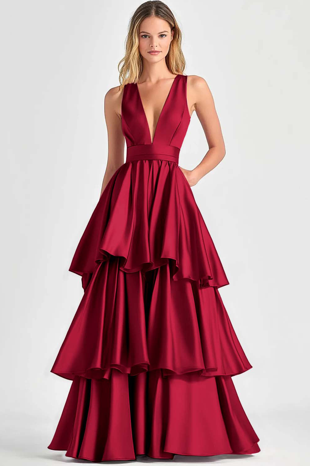 Tiered V Neck Fuchsia A Line Formal Dress
