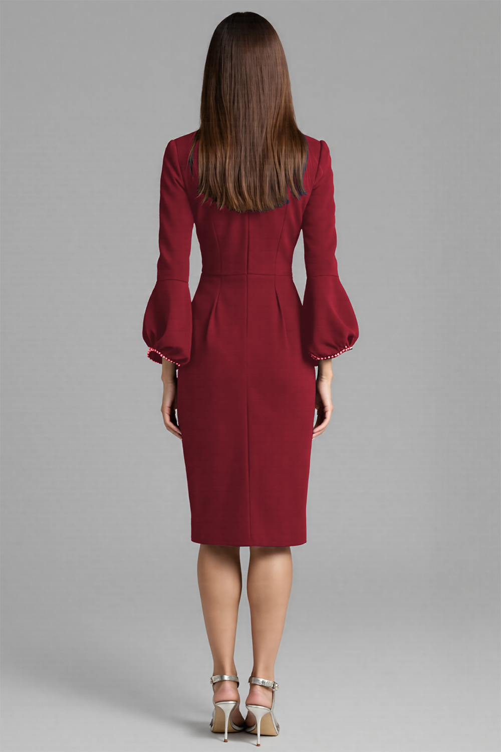 Navy V-Neck Sheath Midi Dress with 3/4 Sleeves