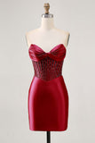 Fuchsia Corset Satin Strapless Homecoming Dress with Beading