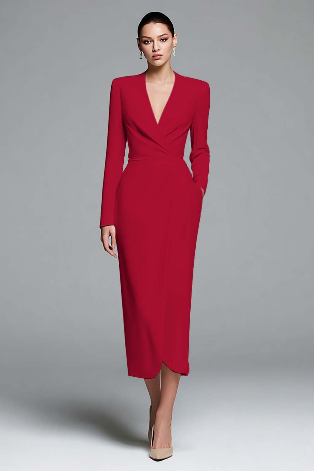 Ivory Sheath V-Neck Work Dress With Long Sleeves