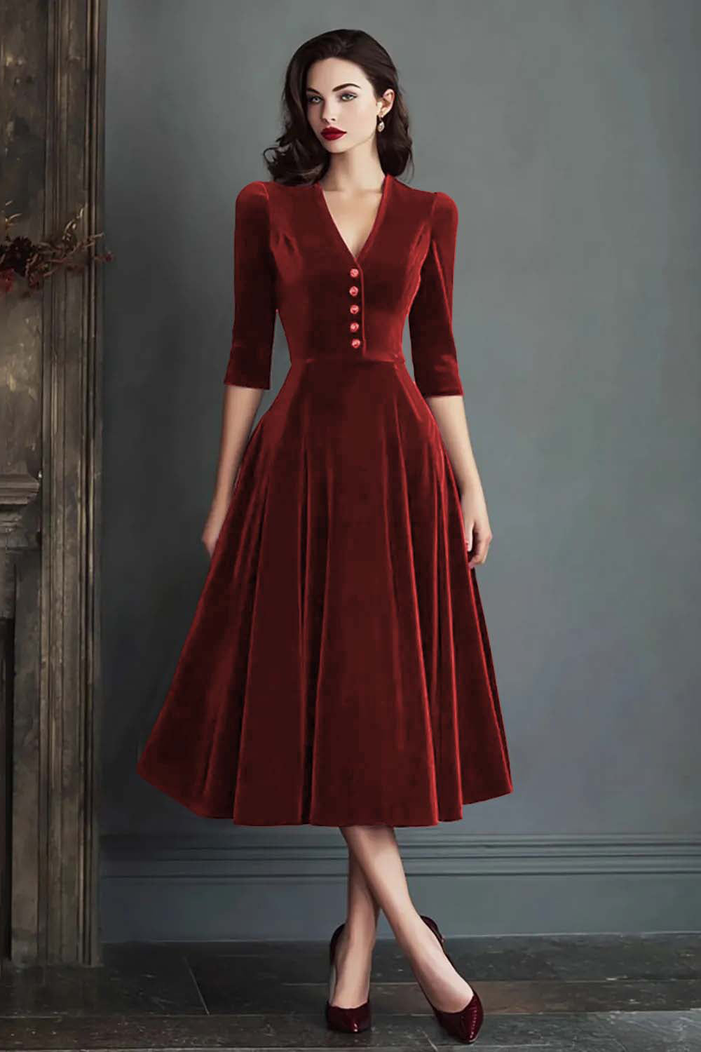 Burgundy Velvet A-Line V-Neck Midi Dress with Half Sleeves