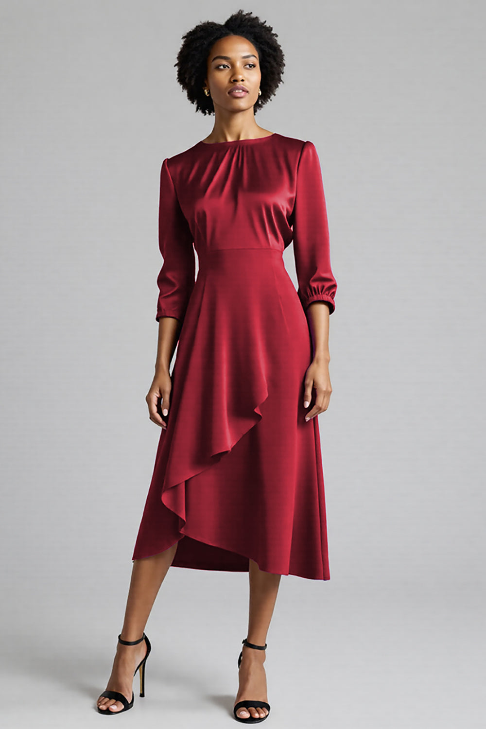 Ruffled Plum Satin A Line Midi Dress
