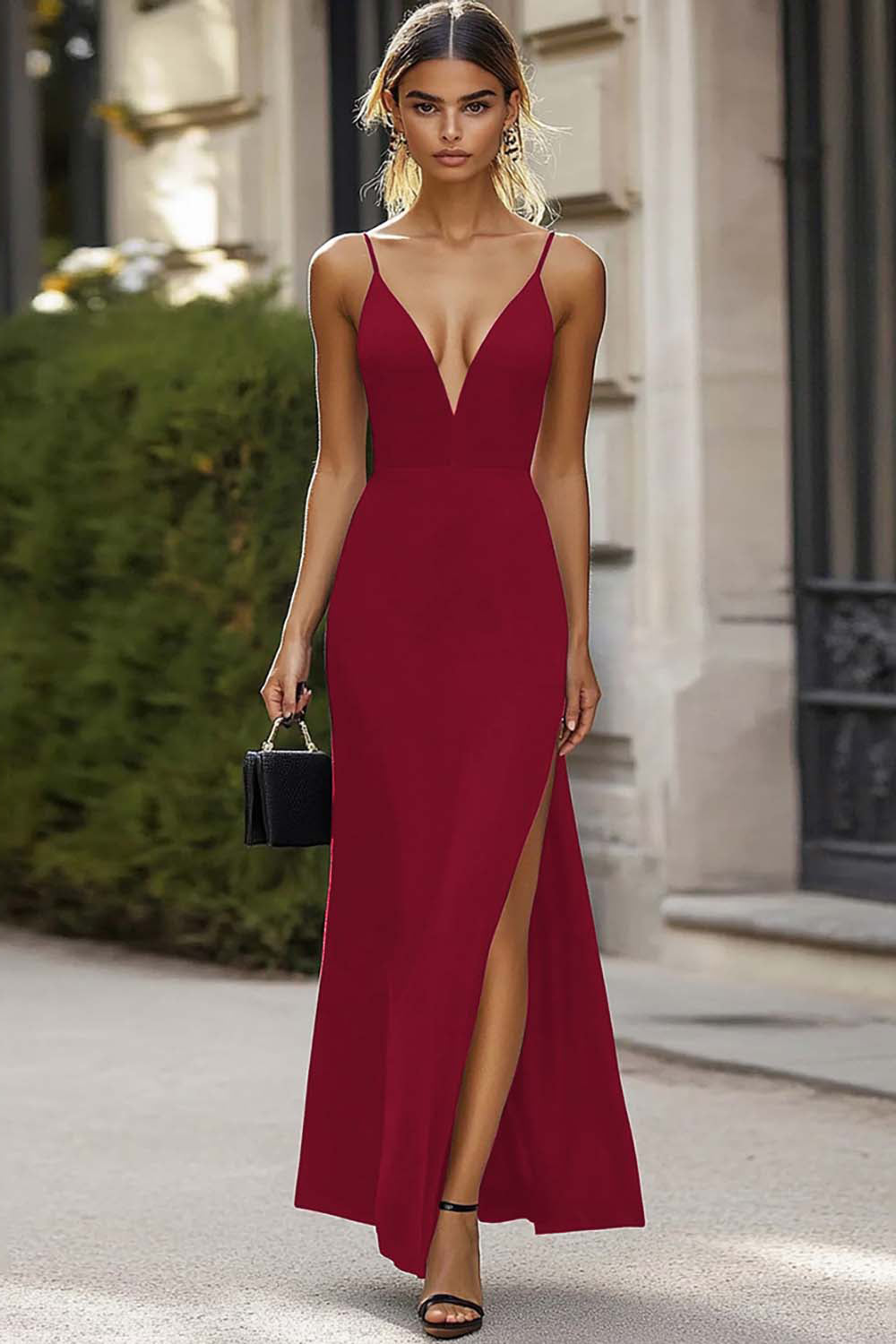 Sheath Spaghetti Straps Black Tie Dress with Slit