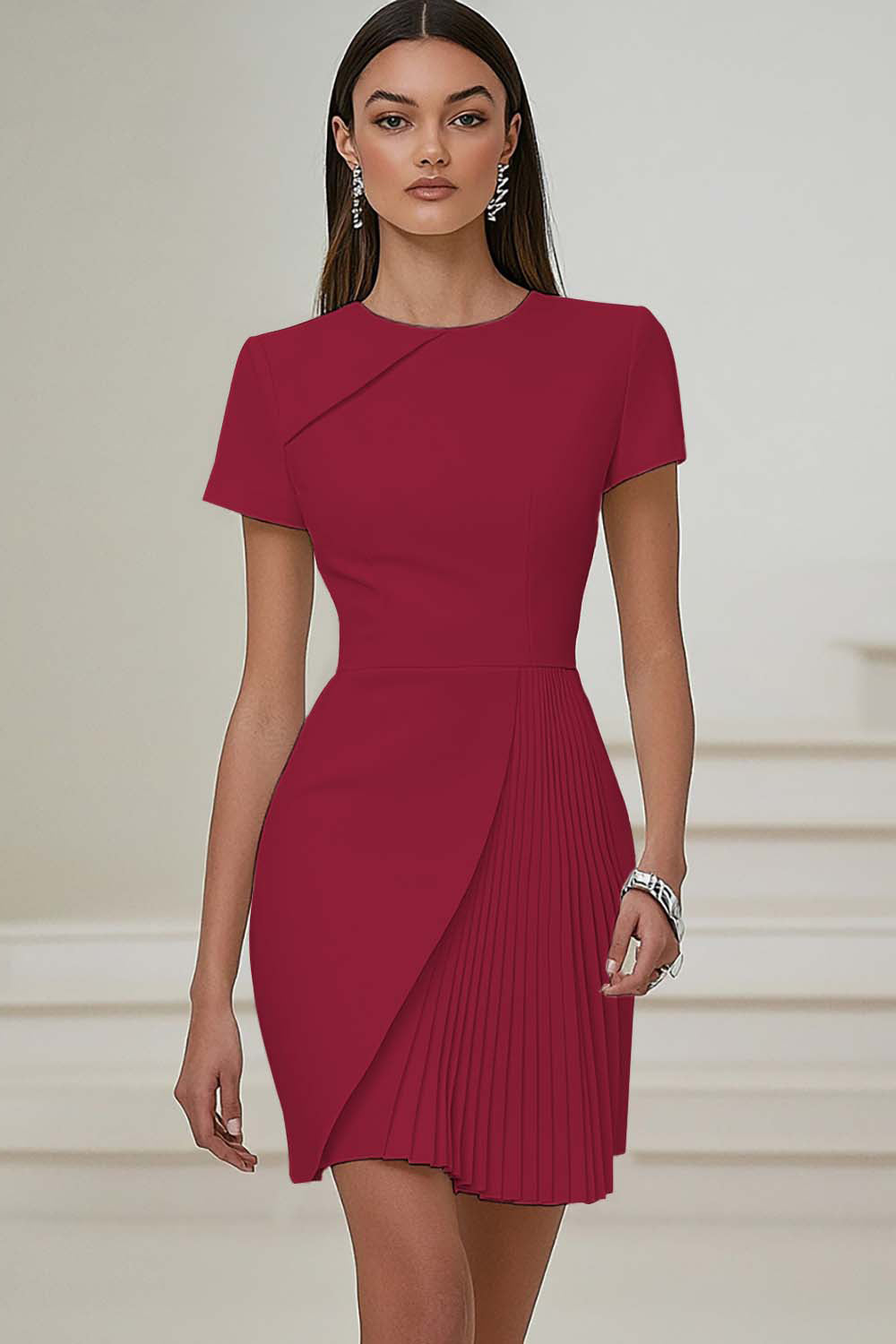 Bodycon Pleated Ivory Work Dress with Short Sleeves