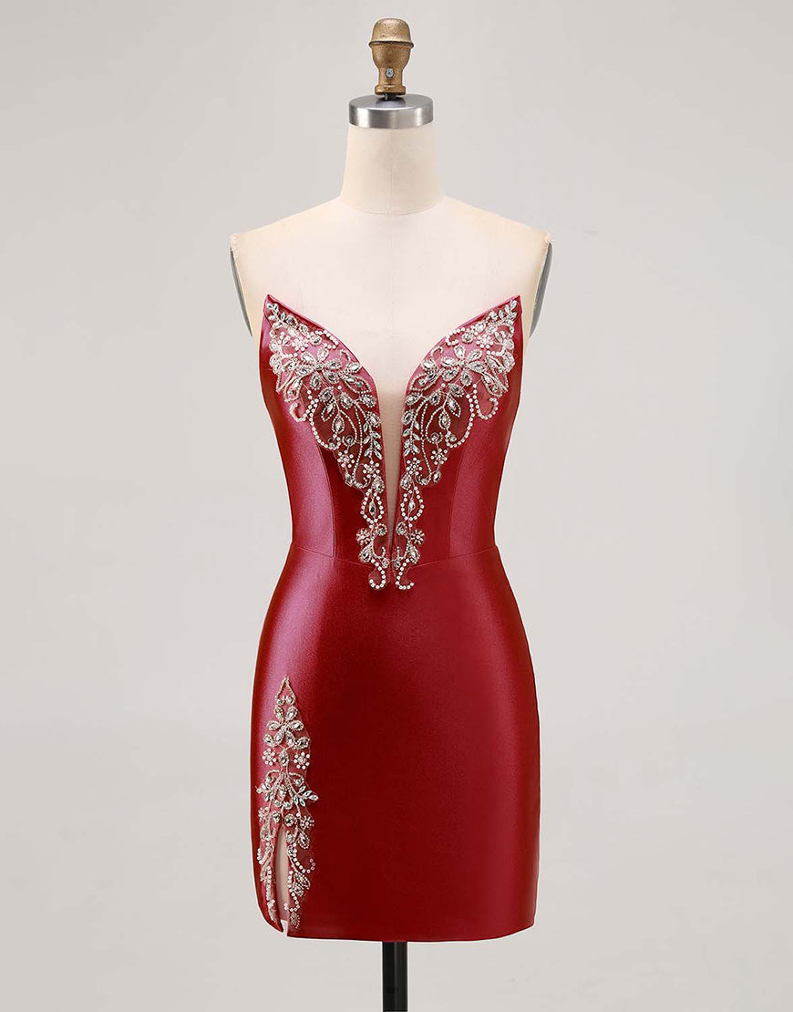 Fuchsia Beaded Satin Bodycon Strapless Homecoming Dress with Slit