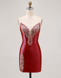 Fuchsia Beaded Satin Bodycon Strapless Homecoming Dress with Slit