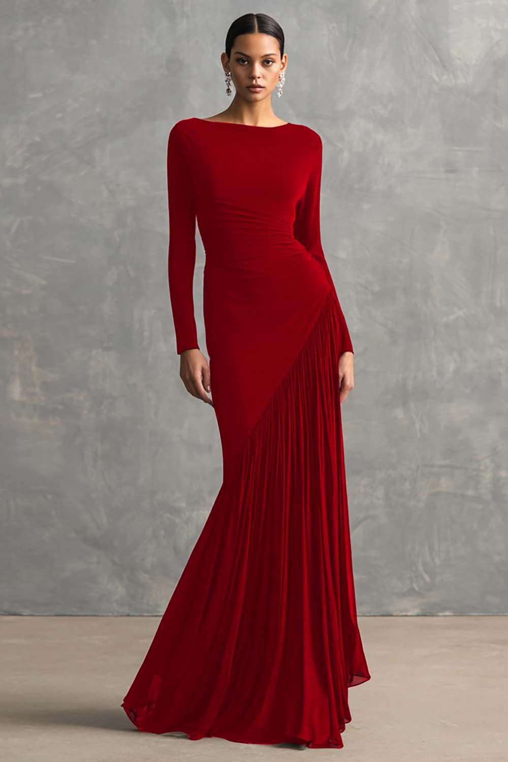 Black Pleated Mermaid Bateau Neck Formal Dress with Long Sleeves
