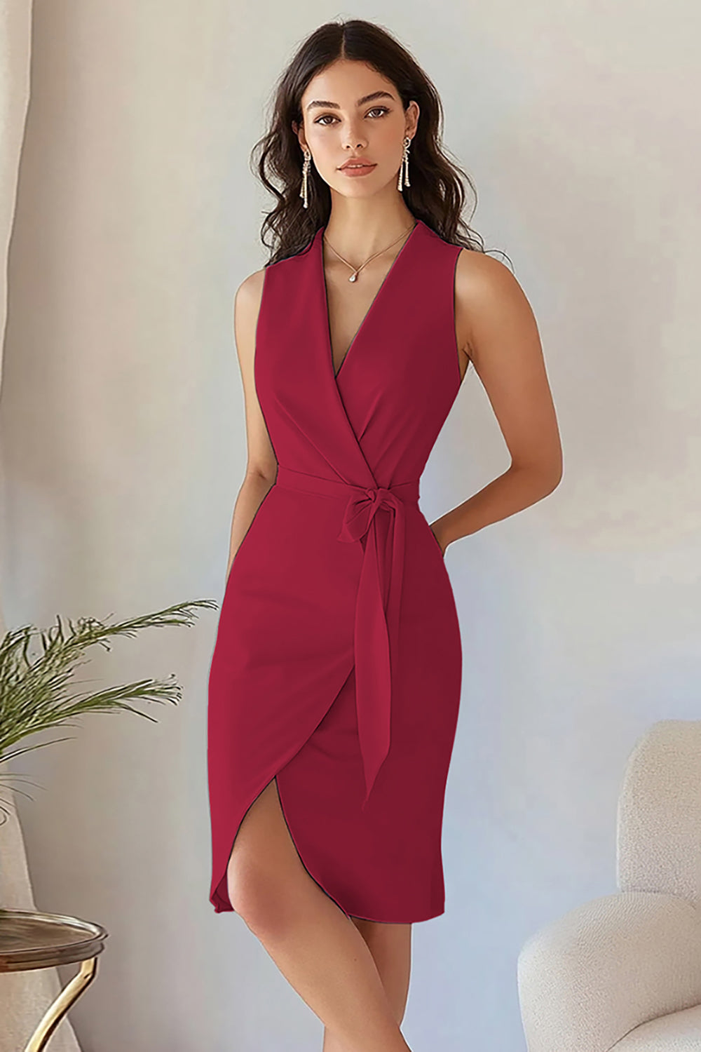 Blue Sheath Midi Work Dress with Sash