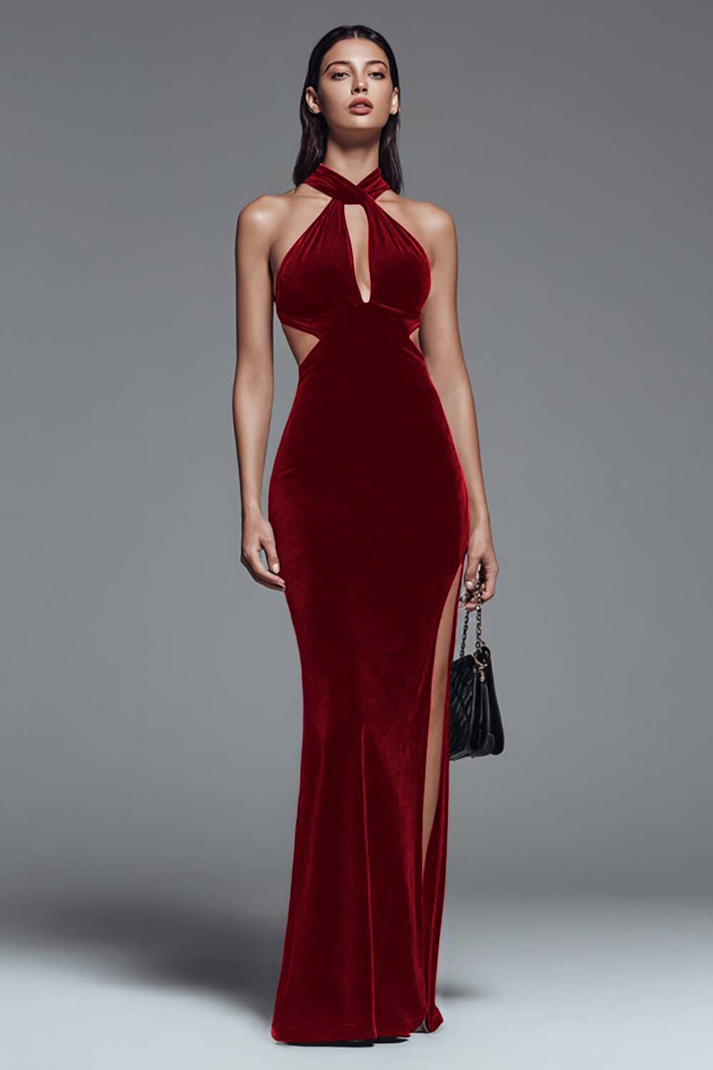 Dark Green Halter Mermaid Cut Out Velvet Formal Dress With Slit
