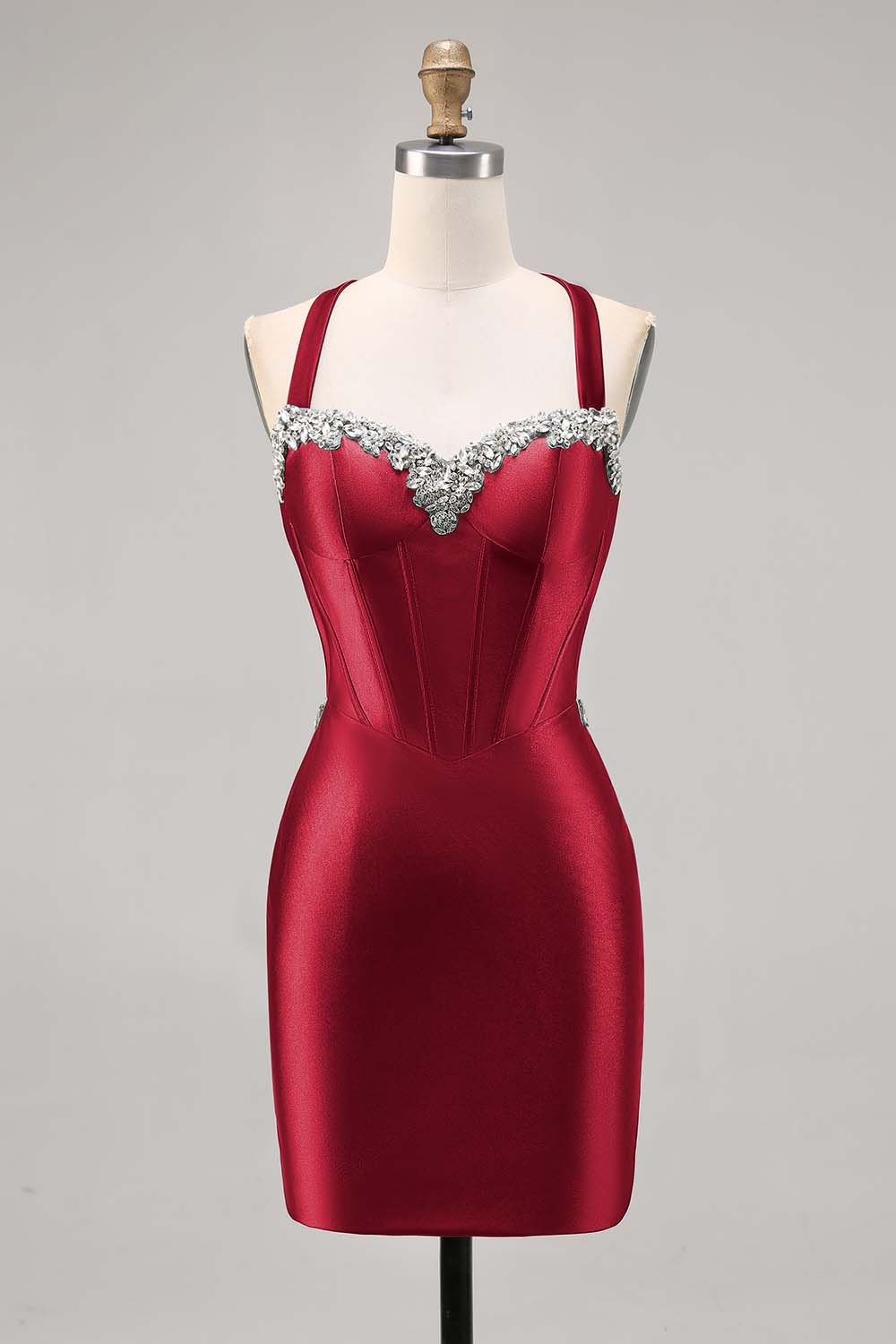 Dark Green Corset Satin Bodycon Homecoming Dress with Rhinestones