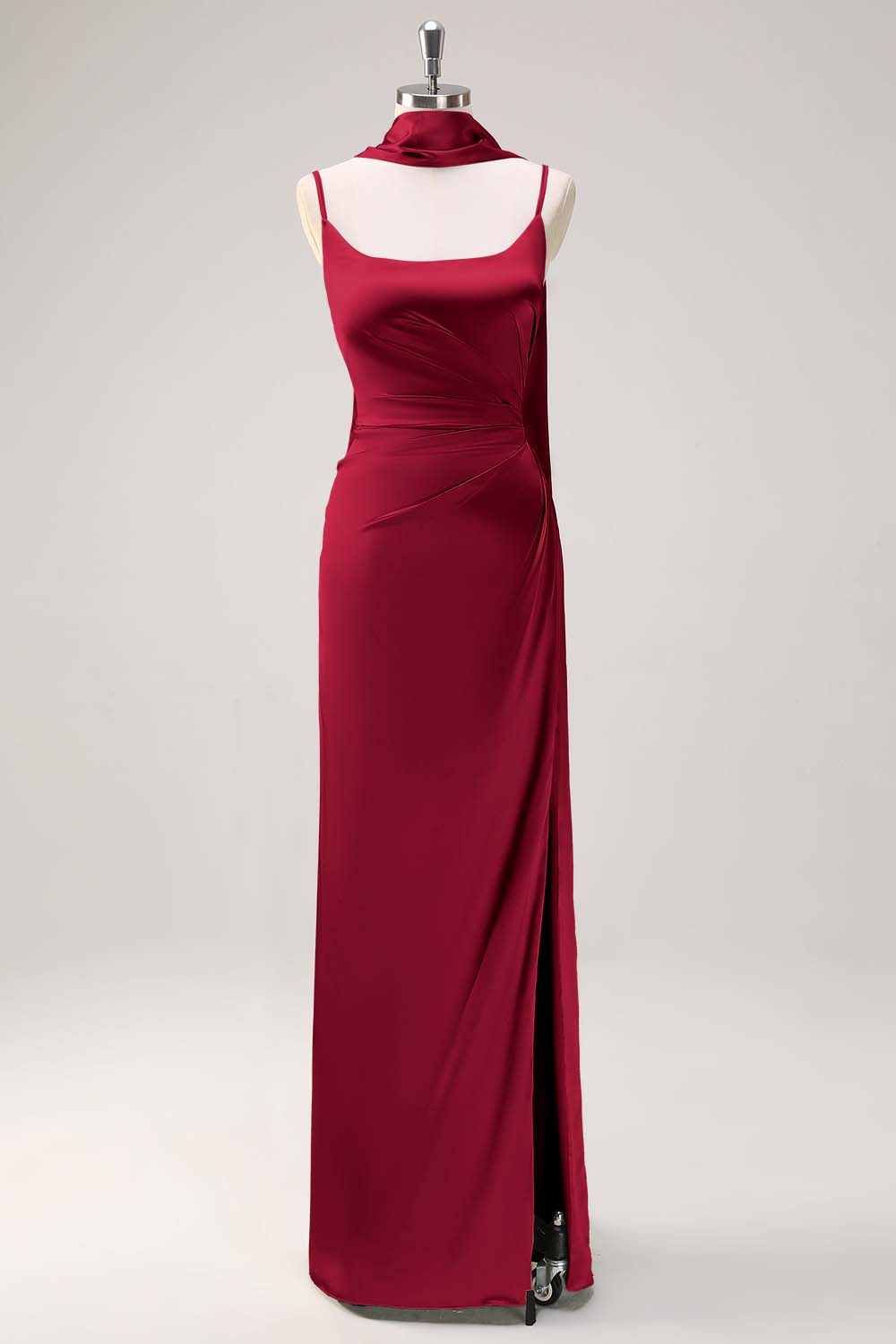 Sage Sheath Spaghetti Straps Slit Bridesmaid Dress with Ribbon