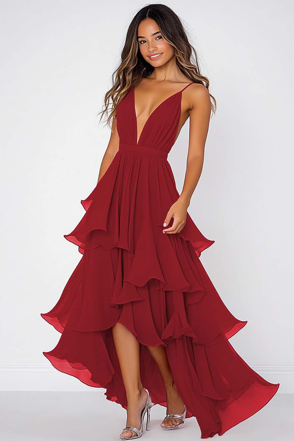 Ruffled Tiered Chiffon Red Prom Dress