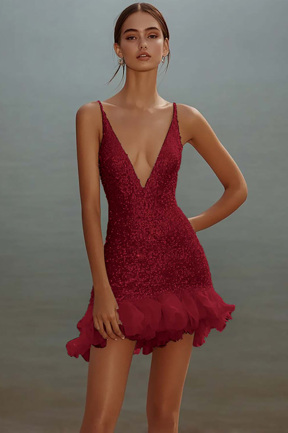 Sparkly White V-Neck Mini Dress With Ruffles