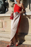 Red One Shoulder Sheath Gala Dress With 3D Flower