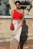 Red One Shoulder Sheath Gala Dress With 3D Flower