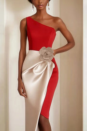 Red One Shoulder Sheath Gala Dress With 3D Flower