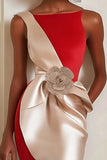 Red Sheath Bateau Neck Formal Dress With 3D Flower