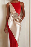 Red Sheath Bateau Neck Formal Dress With 3D Flower